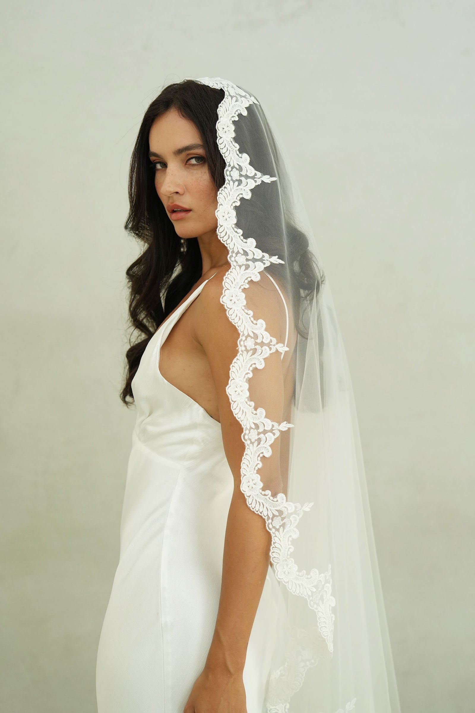 Fingertip Length Mantilla Wedding Veil with Beaded Lace Trim – One