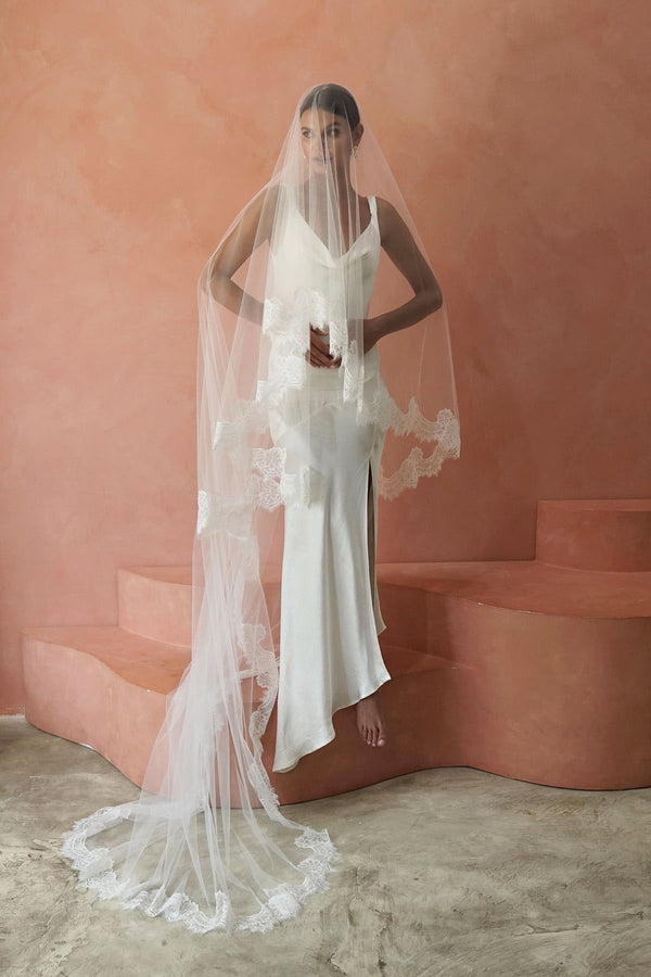 CELINE II  Drop Veil with Lace Trim